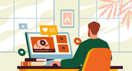 Man watching videos on computer screen. Vector illustrationのイラスト素材