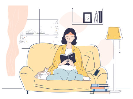 Woman reading on cozy sofa at home. Vector illustrationのイラスト素材