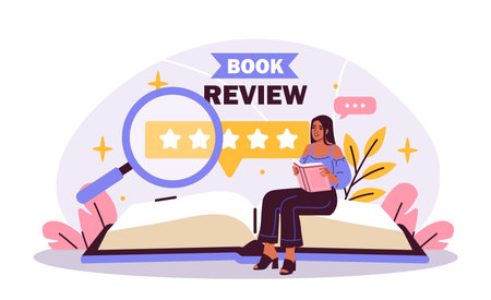 Book review concept with reader woman. Vector illustrationのイラスト素材
