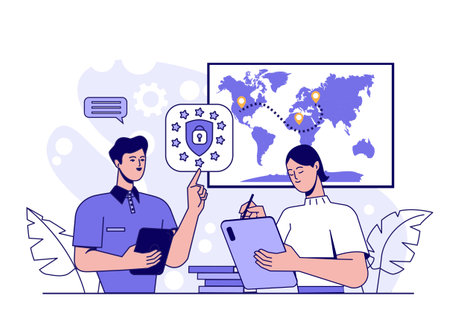 Global data security collaboration scene. Vector illustrationのイラスト素材