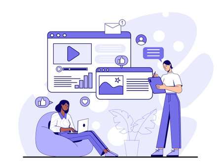 Digital content creation teamwork scene. Vector illustrationのイラスト素材
