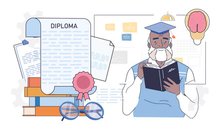 Elderly graduate reading a book. Vector illustrationのイラスト素材