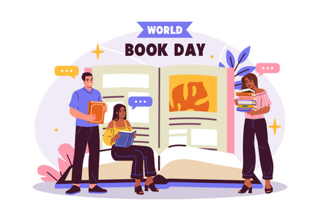 World Book Day celebration scene. Vector illustrationのイラスト素材