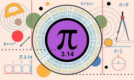 Pi Day banner. Poster or postcard featuring PI symbol surrounded by geometric shapes and scientific elements. Flat vector illustrationのイラスト素材