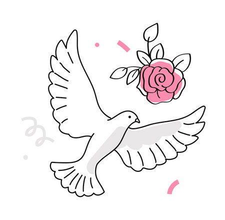 Peace dove flying near pink rose. Vector illustrationのイラスト素材
