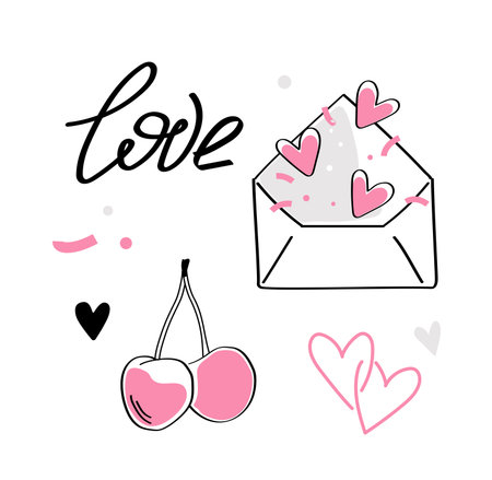 Love letter and cherries doodle set. Vector illustrationのイラスト素材