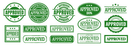 Approved Stamp set. Grunge green Approved Rubber Stamp designs. Realistic seals with grainy texture. Flat vector illustration collection isolated on backgroundのイラスト素材