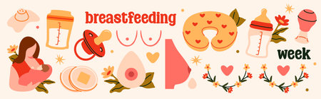 World Breastfeeding Week. Cute stickers of mother feeding her newborn baby, bottle of milk, pacifier, breast, and baby pillow. Flat vector illustration collectionのイラスト素材