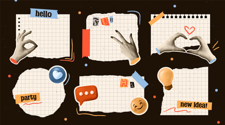 Set of torn notebook papers. Modern punk notes in halftone collage style with emoji, hands, and stickers. Scotch tape and marker sketches. Vector illustration collectionのイラスト素材