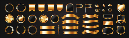Luxury golden design elements. Premium labels, flags, ribbons, crowns, vintage frames and borders with gold shiny foil texture. Realistic vector illustration collectionのイラスト素材