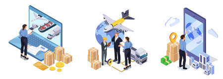 Delivery service isometric set. Men and women plan transportation of goods. Logistics and shipping,...