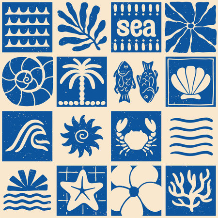 Summer seamless pattern. Repeating geometric pattern with marine elements, coral, fish, seaweed and...
