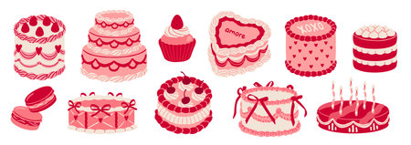 Coquette pink cakes and pastries. Cute girly stickers with pink desserts, cupcakes, pie and...