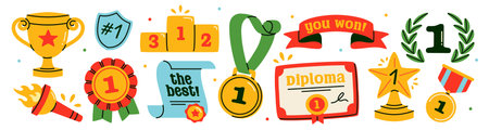 Award doodle sticker set. Icons with gold cup, diploma, trophy, winner medal and laurels. Victory in...