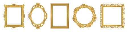 Realistic picture frames set. Vintage gold museum borders for paintings and photo at art exhibition. Round and square antique ornate frames. Flat vector illustration collectionのイラスト素材
