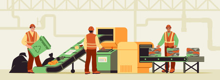 Garbage recycling conveyor. Waste recycling center employees sort and compress trash on conveyor...