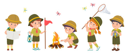 Set of happy scout children. Cute kids in uniforms with camping equipment spend weekend at summer camp. Little boy and girl scouts. Flat vector illustration collectionのイラスト素材