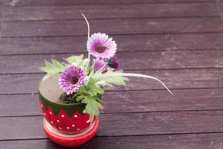 The colorful flowers pots decoration on tableの写真素材