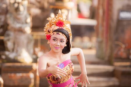 BALI - June 27 : girl performing traditional Indonesian dance at Ubud Palace Bali theater on June 27...