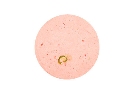ham sausage or rolled bologna slices isolated on white background.の写真素材