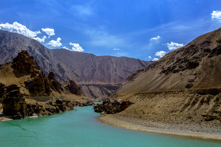 Scene Over Himalayan landscape Beautiful River And Mountain View in Leh-Ladakh, India.の写真素材
