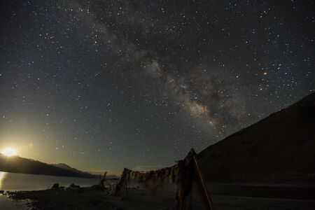 Landscape with Milky Way at Pangong Tso , Long exposure photograph. with grainの写真素材