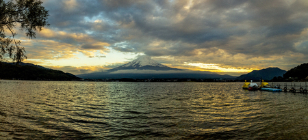 Mt.Fuji with kawaguchiko lake panorama sunset timeの写真素材