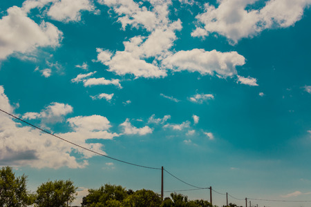 Electric cable above some trees in front of a cloudy skyの写真素材