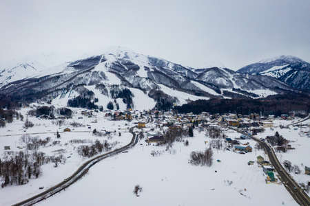 Aerial view of snow in Hakubaの写真素材