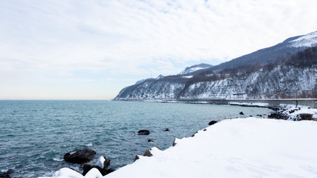 Beautiful winter landscape on the shores of Lake Baikal.の写真素材