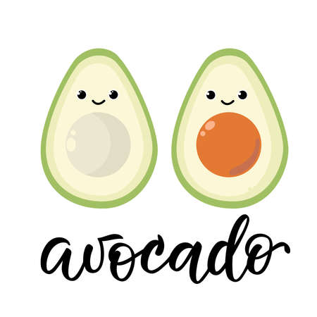 Cute, funny avocados. Vector cartoon character illustration icon design. isolated on white background. avocado text.のイラスト素材