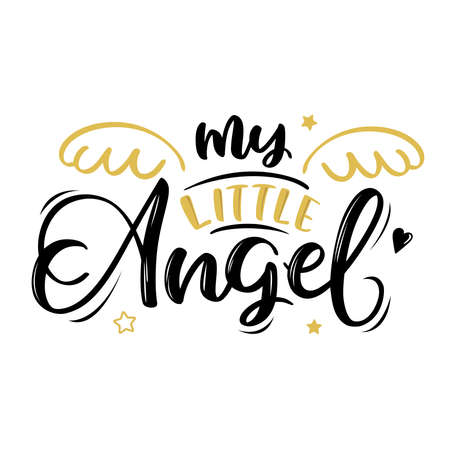Vector illustration of My Little Angel text for girls clothes. Angel badge, tag, icon. T-shirt design, card, banner template. girl calligraphy background. Little girl lettering typography.のイラスト素材