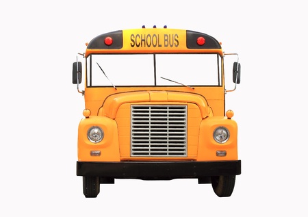 Yellow school bus isolated on white - front view