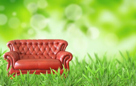red sofa on the grass fieldの写真素材