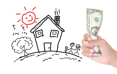 a hand that show the money with home drawing backgroundの写真素材