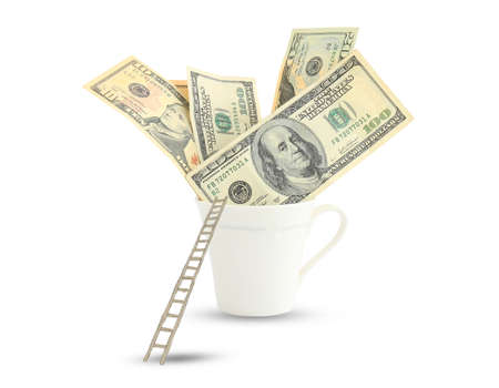 dollars with a ladder on white backgroundの写真素材