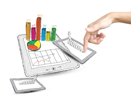 sketch computer tablet showing a spreadsheet with  chartsの写真素材