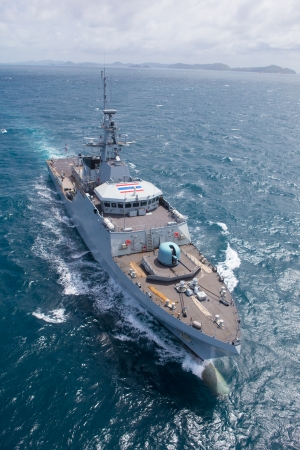 SATTAHEEP, THAILAND - June 21: H.T.M.S. Krabi, an offshore patrol vessel of the Royal Thai Navy test control system and speed test on June 21, 2013 in Sattaheep, Chonburi, Thailand.のeditorial素材