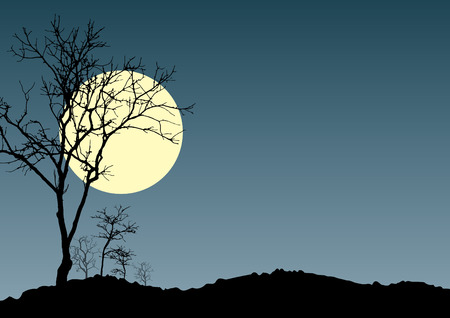Halloween spooky scary background with full moon and gnarled treeのイラスト素材