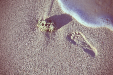 Lonely trace from a bare foot on sand with retro filter effectの写真素材