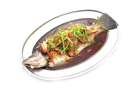 Steamed tubtim fish with light soy sauceの写真素材