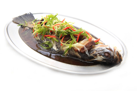 Steamed tubtim fish with light soy sauceの写真素材