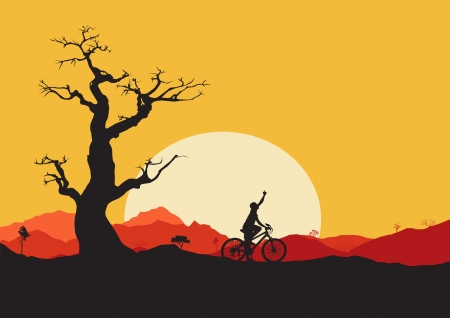 Biker Silhouette with mountains and sunsetのイラスト素材