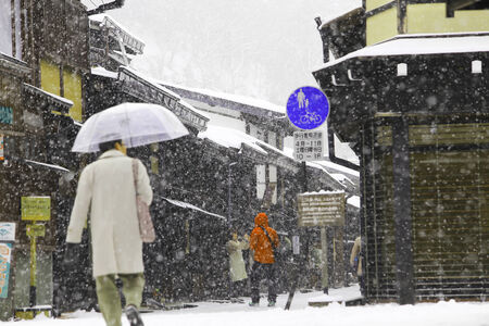 TAKAYAMA, JAPAN - JANUARY 19: Takayama in the snow  a city which retains a traditional touch like few other Japanese cities, especially in its beautifully preserved old town on JANUARY 19, 2014 in Takayama, Japan.のeditorial素材