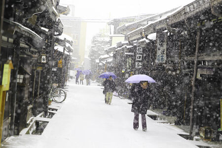 TAKAYAMA, JAPAN - JANUARY 19: Takayama in the snow  a city which retains a traditional touch like few other Japanese cities, especially in its beautifully preserved old town on JANUARY 19, 2014 in Takayama, Japan.のeditorial素材