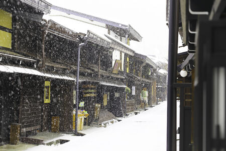 TAKAYAMA, JAPAN - JANUARY 19: Takayama in the snow  a city which retains a traditional touch like few other Japanese cities, especially in its beautifully preserved old town on JANUARY 19, 2014 in Takayama, Japan.のeditorial素材