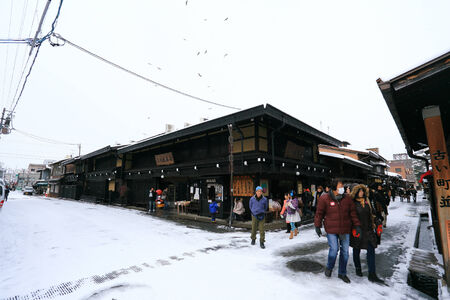 TAKAYAMA, JAPAN - JANUARY 19: Takayama in the snow  a city which retains a traditional touch like few other Japanese cities, especially in its beautifully preserved old town on JANUARY 19, 2014 in Takayama, Japan.のeditorial素材