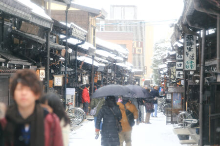 TAKAYAMA, JAPAN - JANUARY 19: Takayama in the snow  a city which retains a traditional touch like few other Japanese cities, especially in its beautifully preserved old town on JANUARY 19, 2014 in Takayama, Japan.のeditorial素材