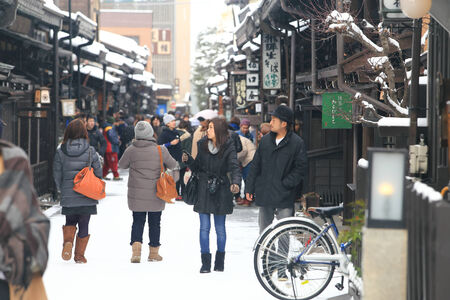 TAKAYAMA, JAPAN - JANUARY 19: Takayama in the snow  a city which retains a traditional touch like few other Japanese cities, especially in its beautifully preserved old town on JANUARY 19, 2014 in Takayama, Japan.のeditorial素材