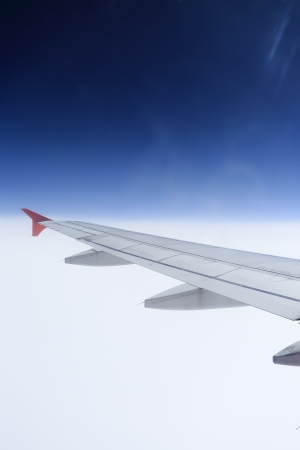 Wing of an airplane flying above the clouds. people looks at the skyの素材 [FY31025339611]